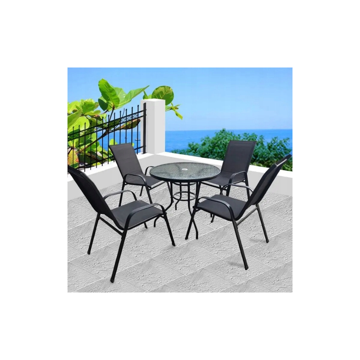 Set de masă de terasă cu diametrul de 80 cm și 4 scaune.