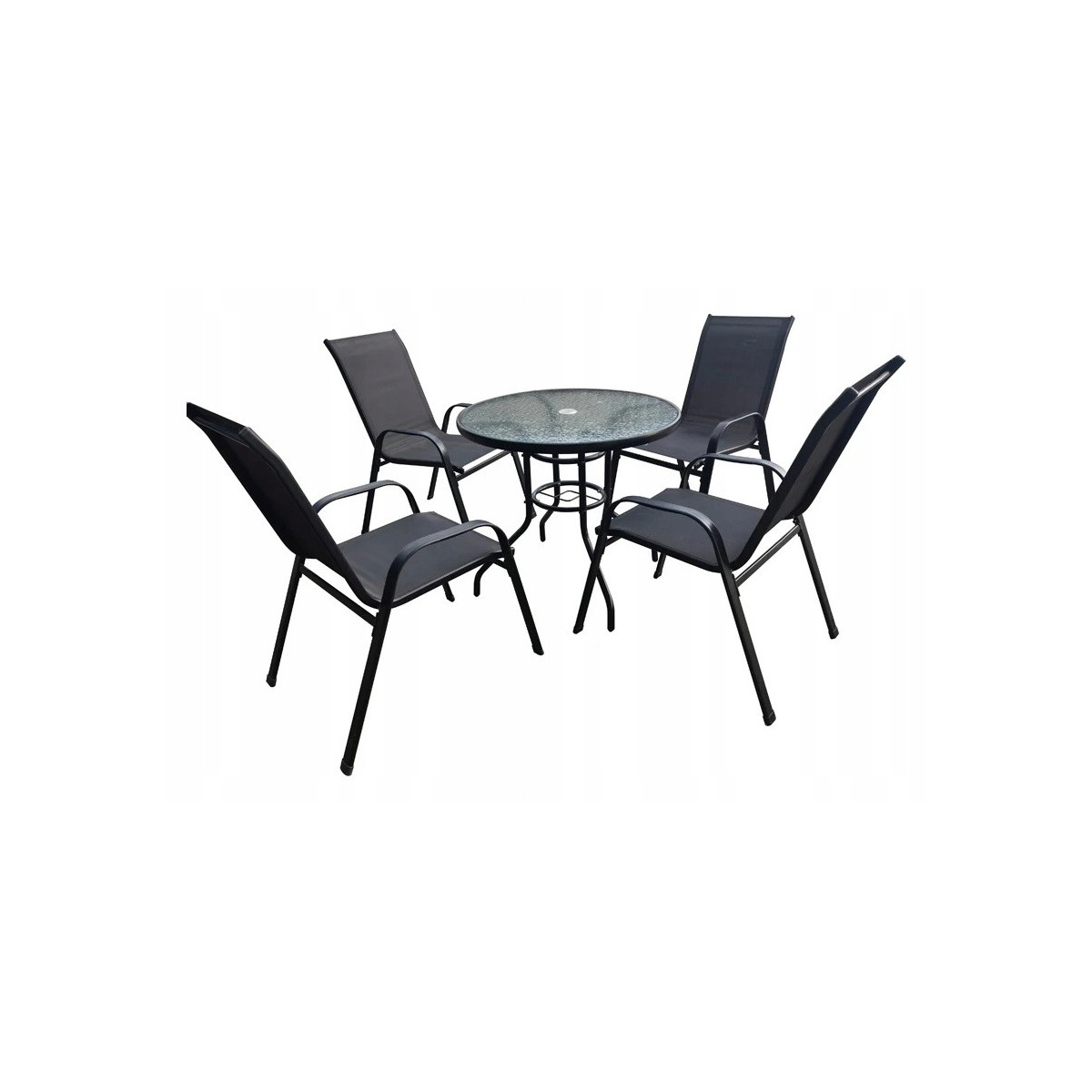 Set de masă de terasă cu diametrul de 80 cm și 4 scaune.