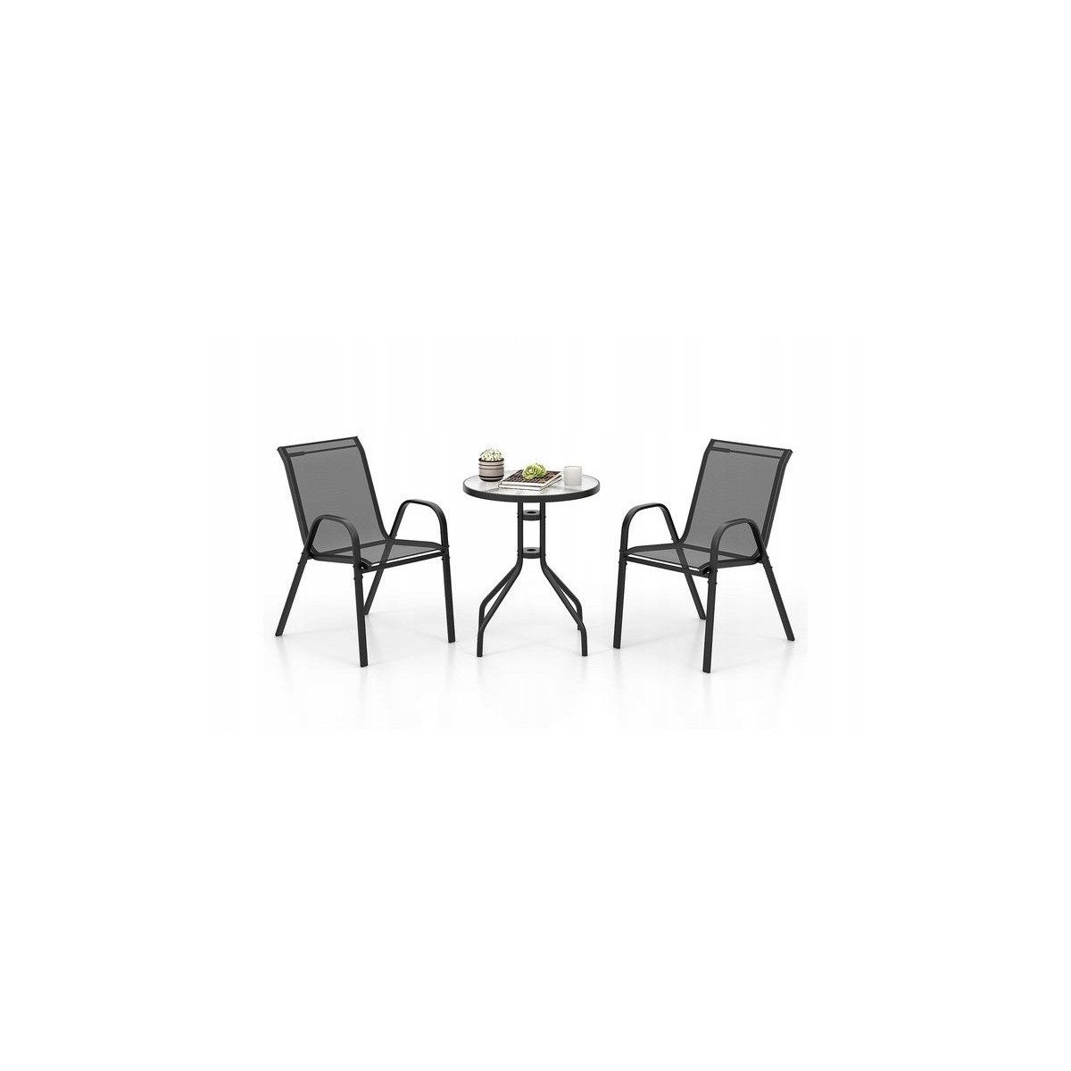 Set de mobilier de terasă cu o masă cu diametrul de 60 cm și 2 scaune.
