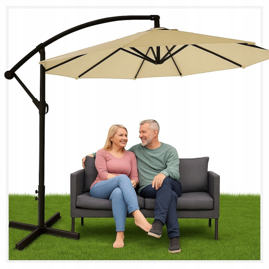 Umbrelă de grădină cu opt brațe, diametru de 300 cm, de culoare bej deschis.