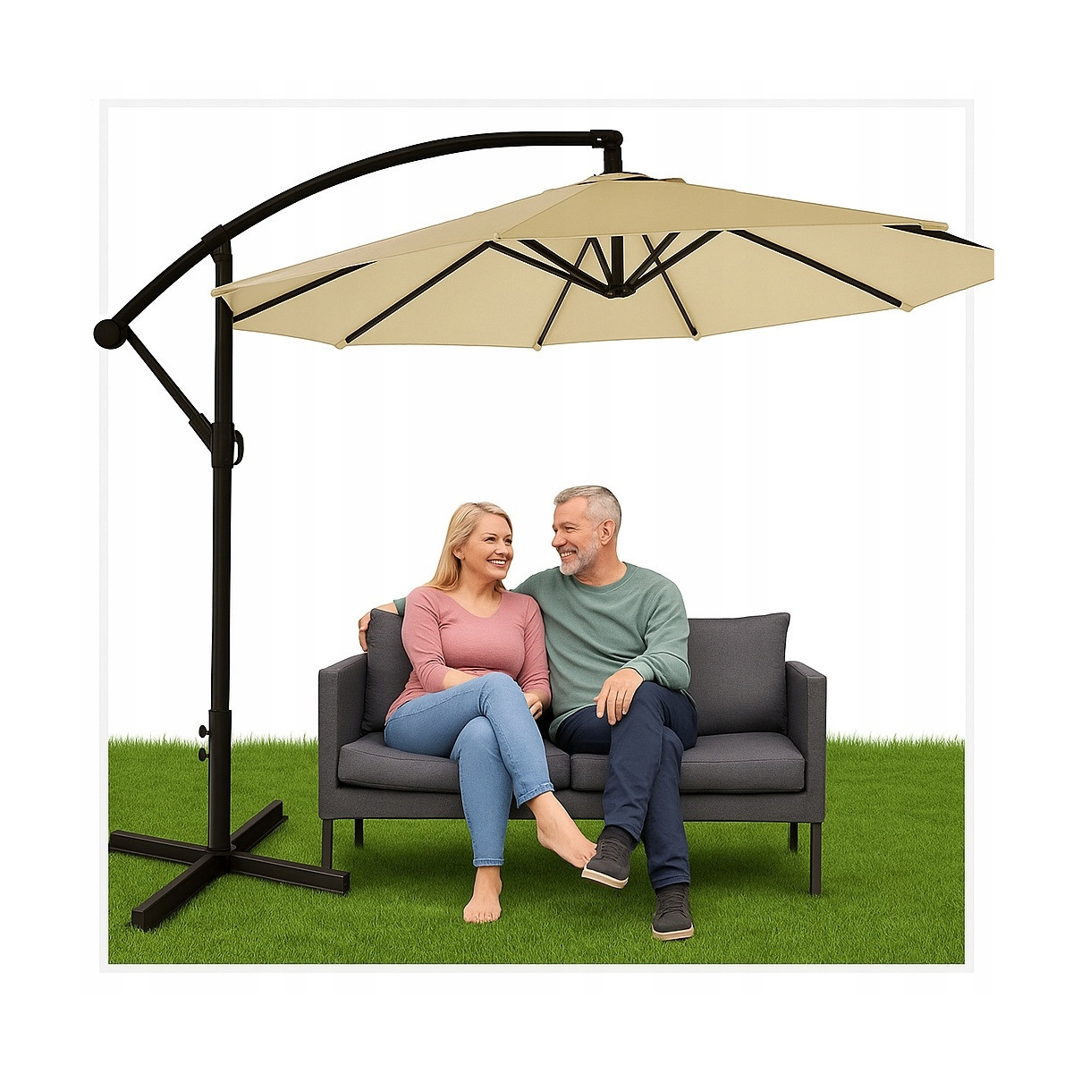 Umbrelă de grădină cu opt brațe, diametru de 300 cm, de culoare bej deschis.