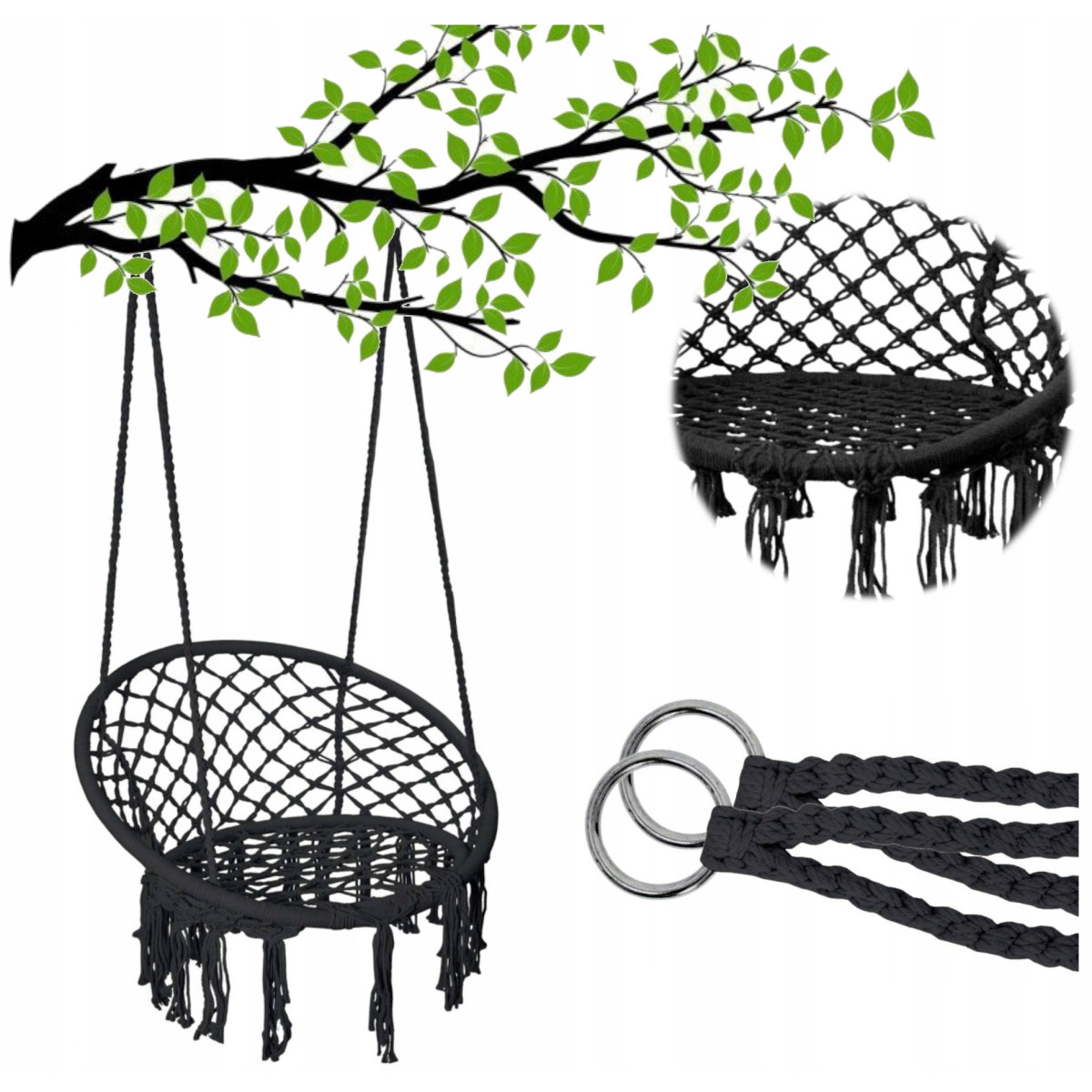 Cuib de berze suspendat negru 80cm - fără pernă