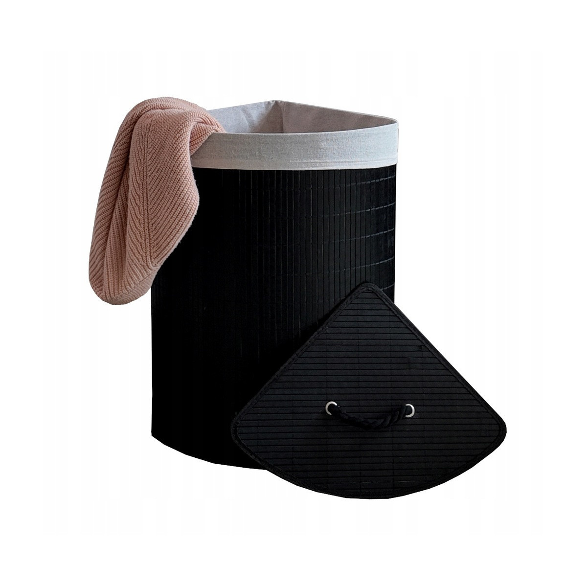 Coș de rufe colțar negru, 60l cu capac și mânere