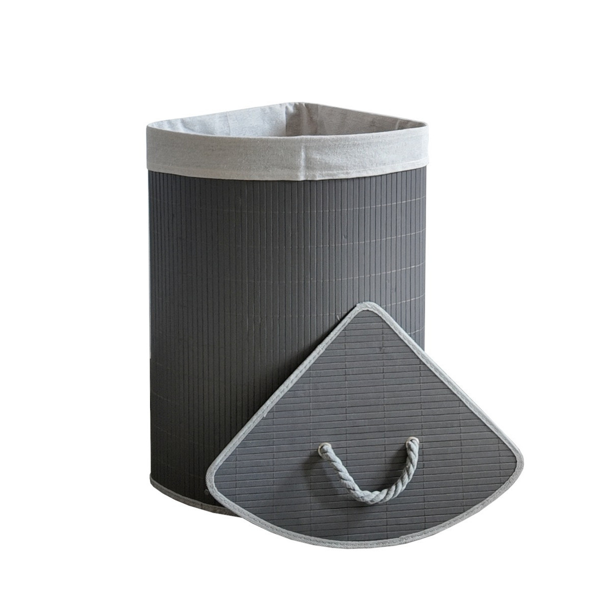 Coș de rufe pentru colț, cu capac, de culoare gri și cu o capacitate de 60l