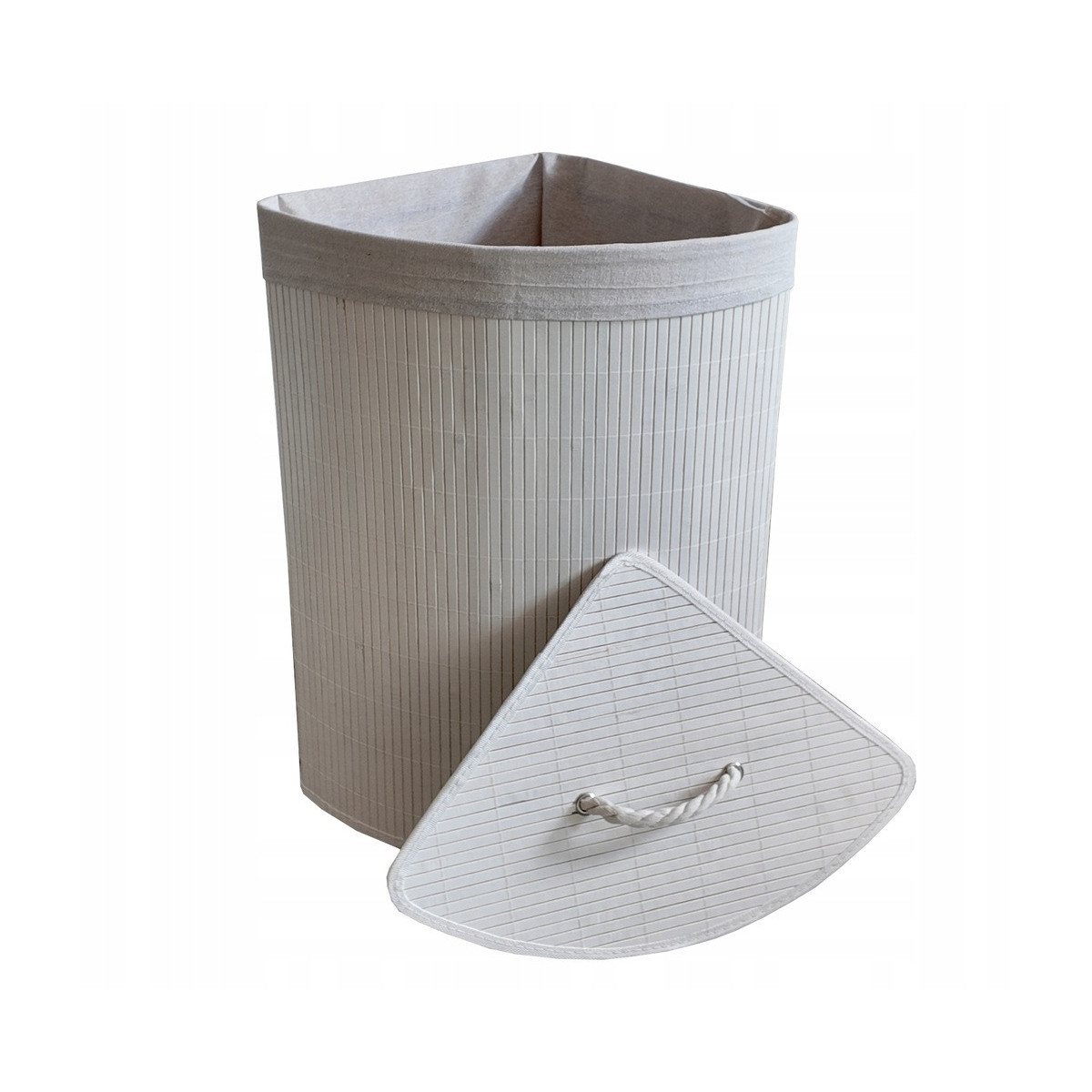 Coș de bambus alb, 60l cu capac și mânere, pentru colț