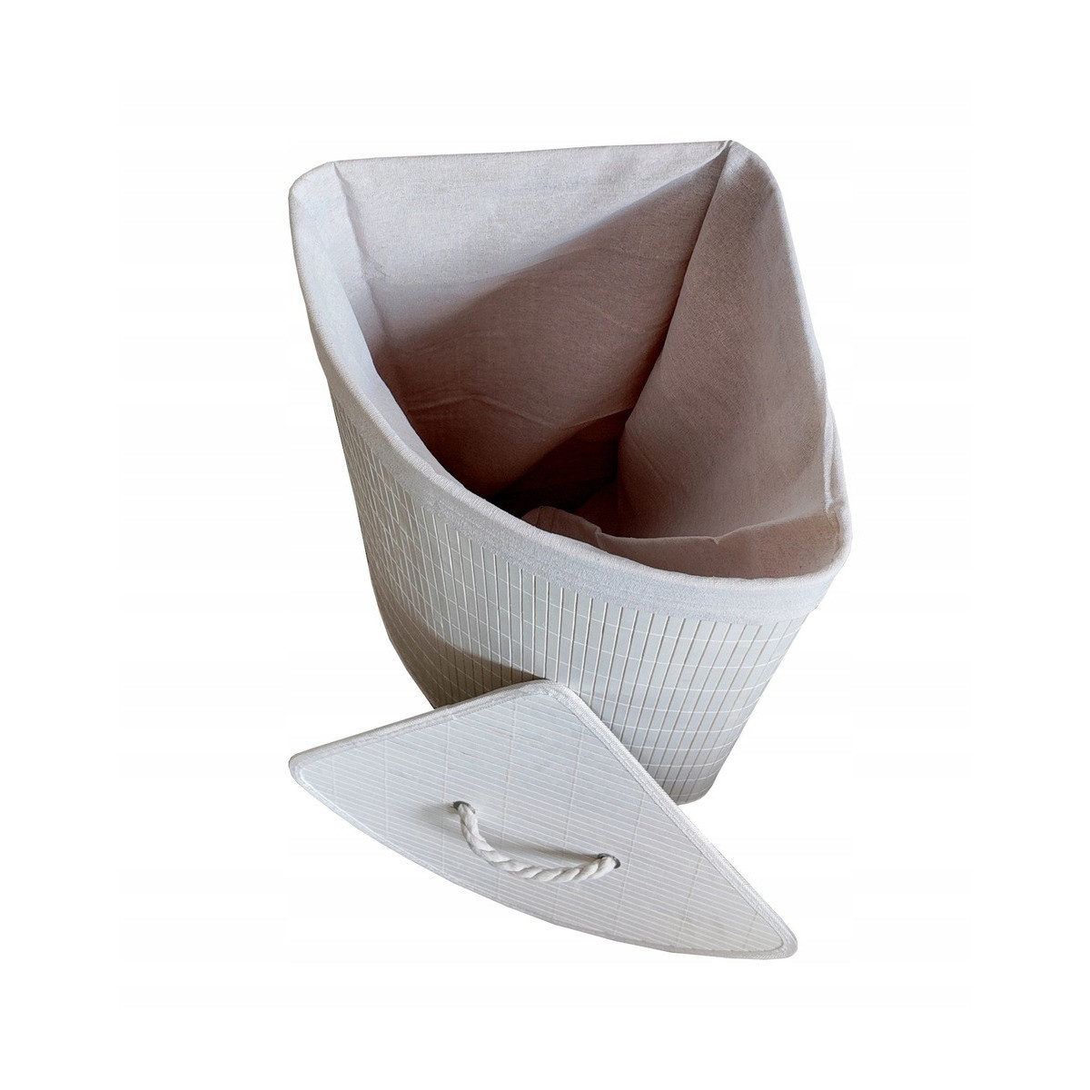 Coș de bambus alb, 60l cu capac și mânere, pentru colț