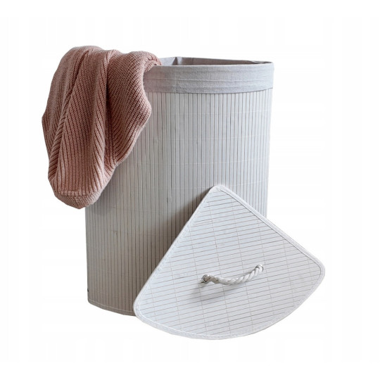 Coș de bambus alb, 60l cu capac și mânere, pentru colț