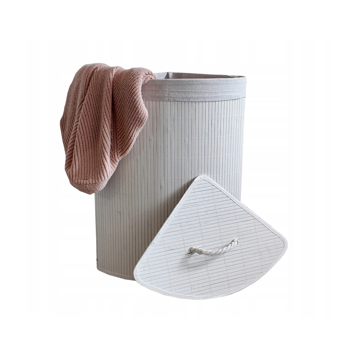 Coș de bambus alb, 60l cu capac și mânere, pentru colț