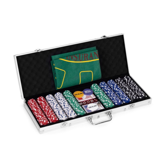 Set de Poker și Blackjack – 500 de jetoane, 2 pachete de cărți, zaruri, tablă de joc și valiză