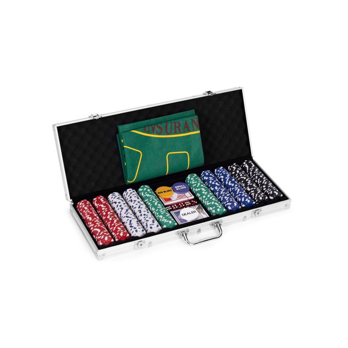Set de Poker și Blackjack – 500 de jetoane, 2 pachete de cărți, zaruri, tablă de joc și valiză