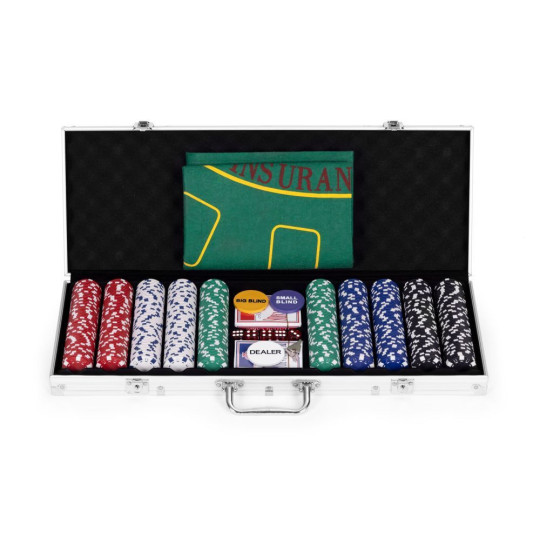 Set de Poker și Blackjack – 500 de jetoane, 2 pachete de cărți, zaruri, tablă de joc și valiză