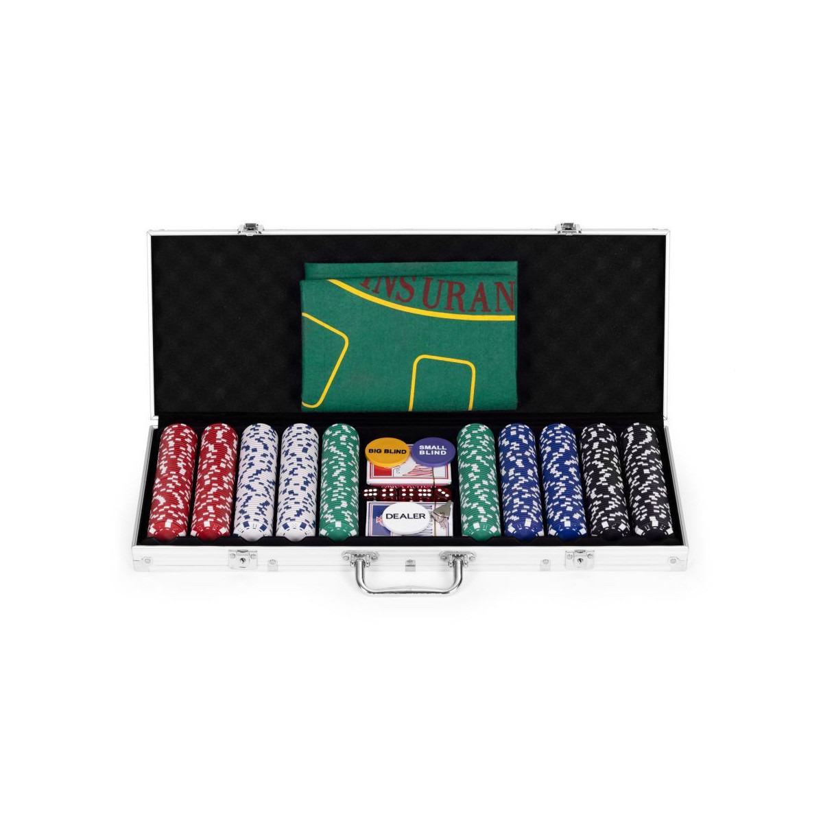 Set de Poker și Blackjack – 500 de jetoane, 2 pachete de cărți, zaruri, tablă de joc și valiză