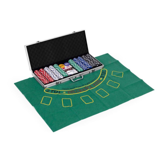 Set de Poker și Blackjack – 500 de jetoane, 2 pachete de cărți, zaruri, tablă de joc și valiză