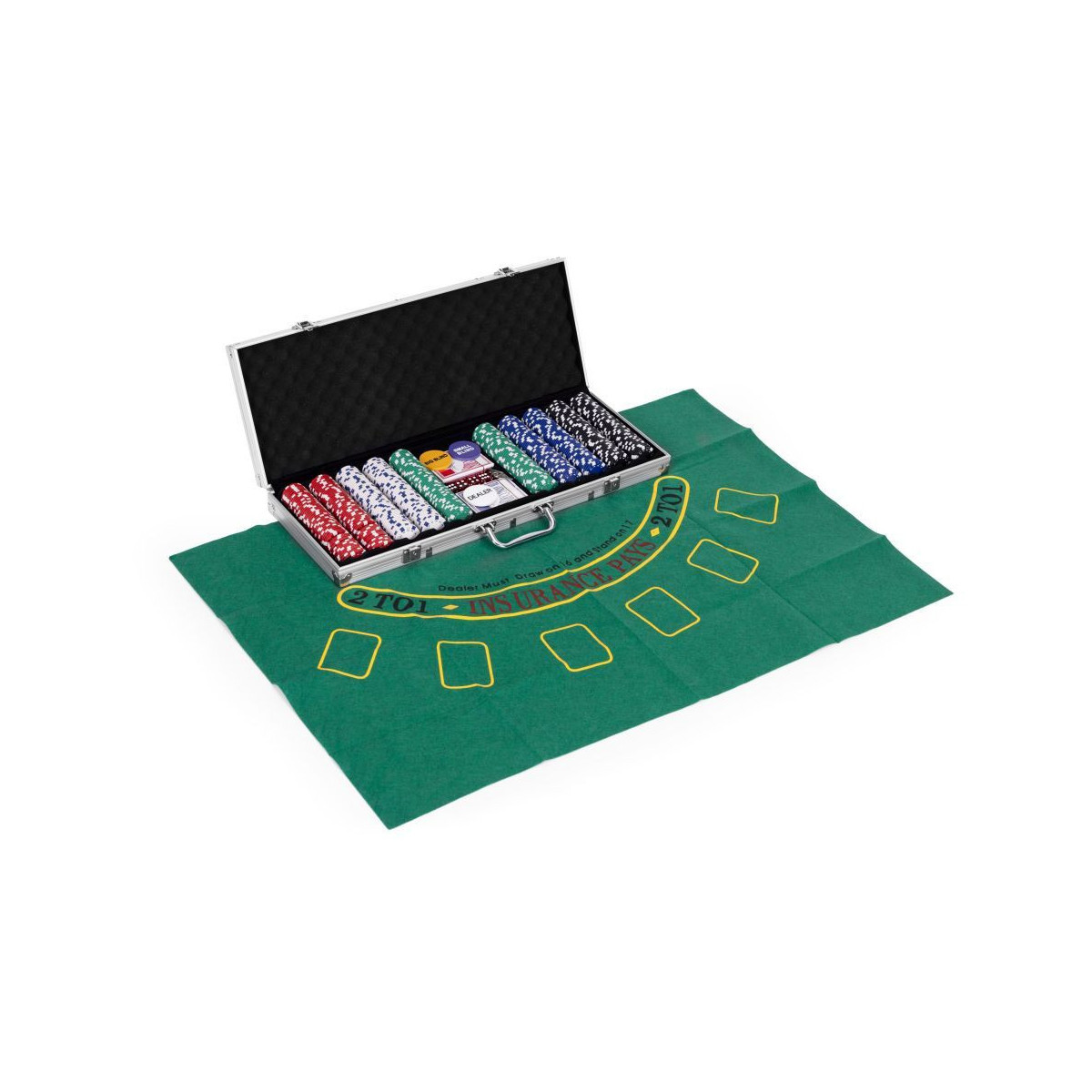 Set de Poker și Blackjack – 500 de jetoane, 2 pachete de cărți, zaruri, tablă de joc și valiză