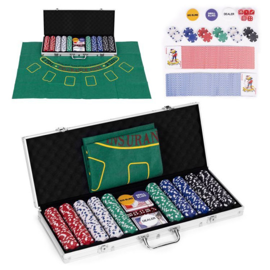 Set de Poker și Blackjack – 500 de jetoane, 2 pachete de cărți, zaruri, tablă de joc și valiză