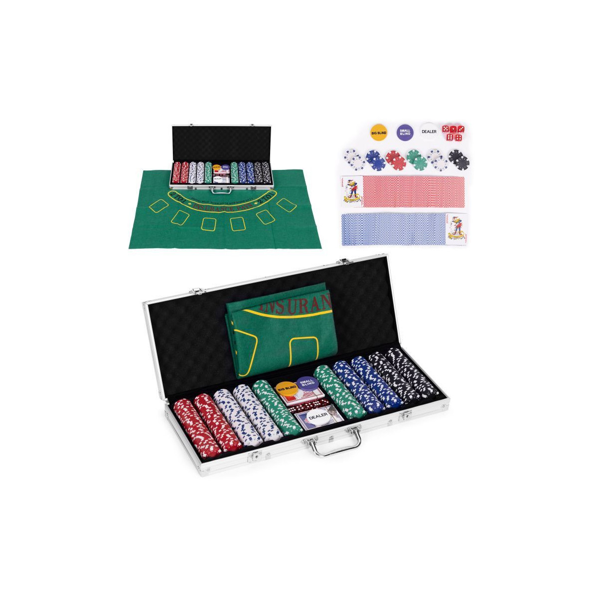 Set de Poker și Blackjack – 500 de jetoane, 2 pachete de cărți, zaruri, tablă de joc și valiză