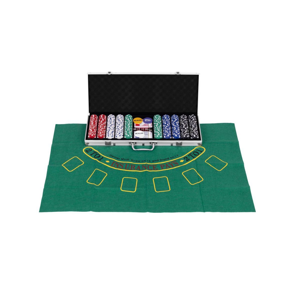 Set de Poker și Blackjack – 500 de jetoane, 2 pachete de cărți, zaruri, tablă de joc și valiză