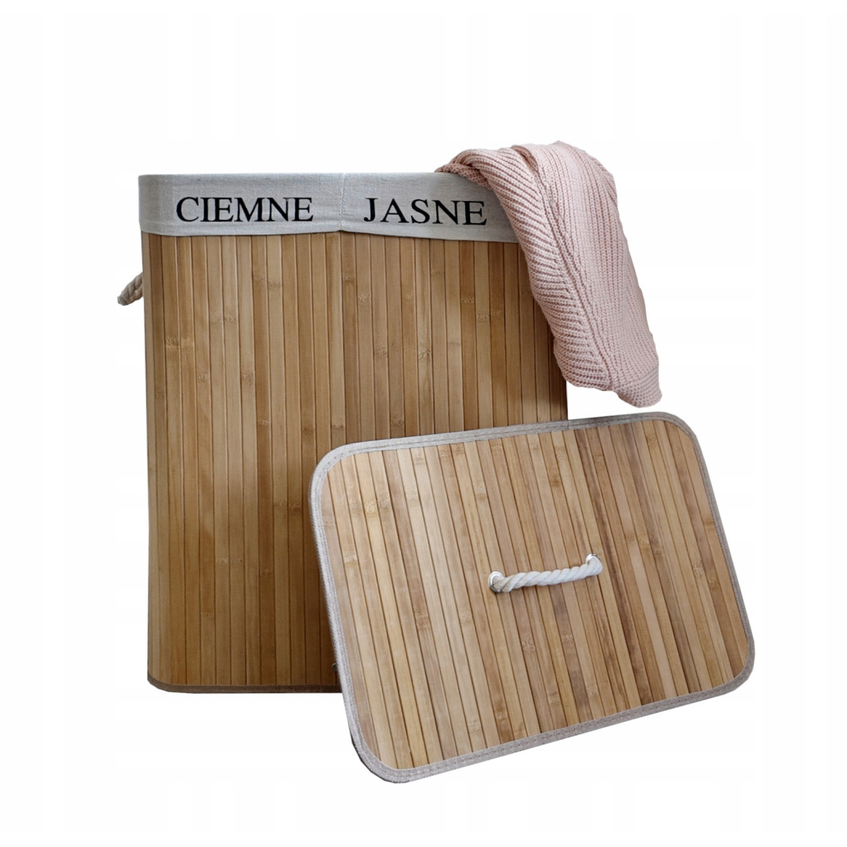 Coș de rufe din bambus cu două compartimente, cu capac, 100l, natur