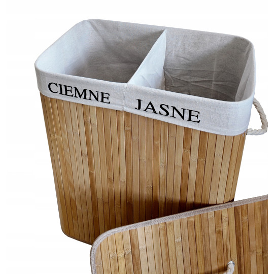Coș de rufe din bambus cu două compartimente, cu capac, 100l, natur