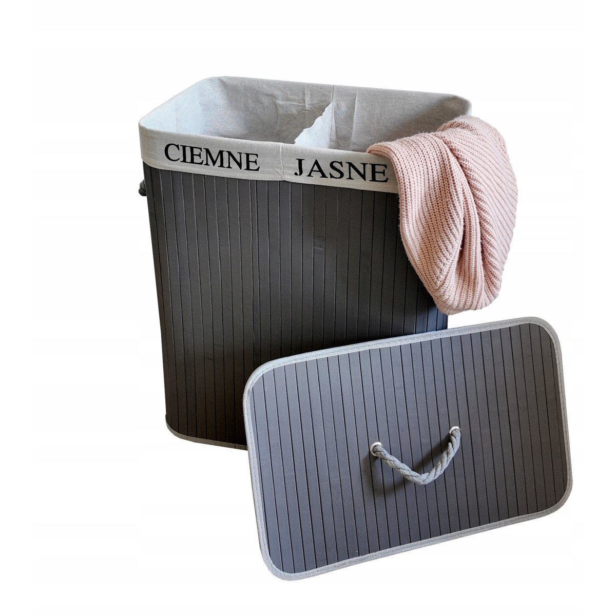 Coș de rufe din bambus de 100l cu capac în culoarea gri