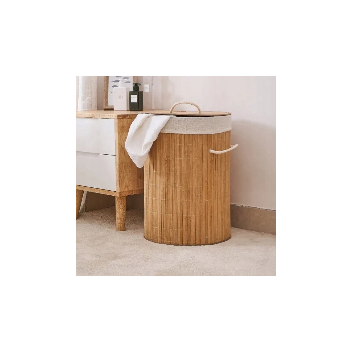 Coș rotund din bambus pentru rufe cu capac, 60l