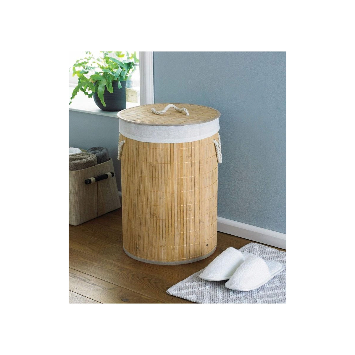 Coș rotund din bambus pentru rufe cu capac, 60l