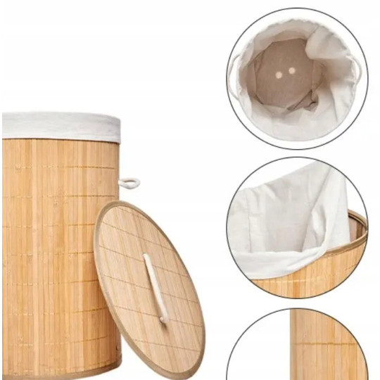 Coș rotund din bambus pentru rufe cu capac, 60l
