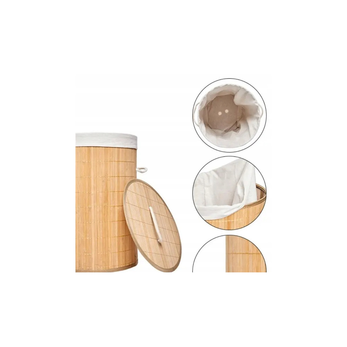 Coș rotund din bambus pentru rufe cu capac, 60l