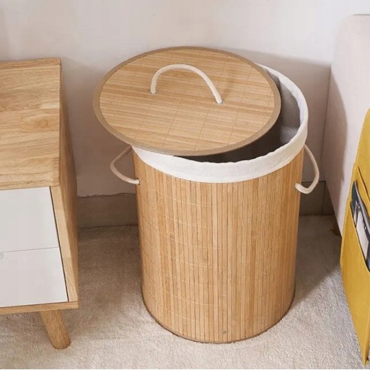 Coș rotund din bambus pentru rufe cu capac, 60l