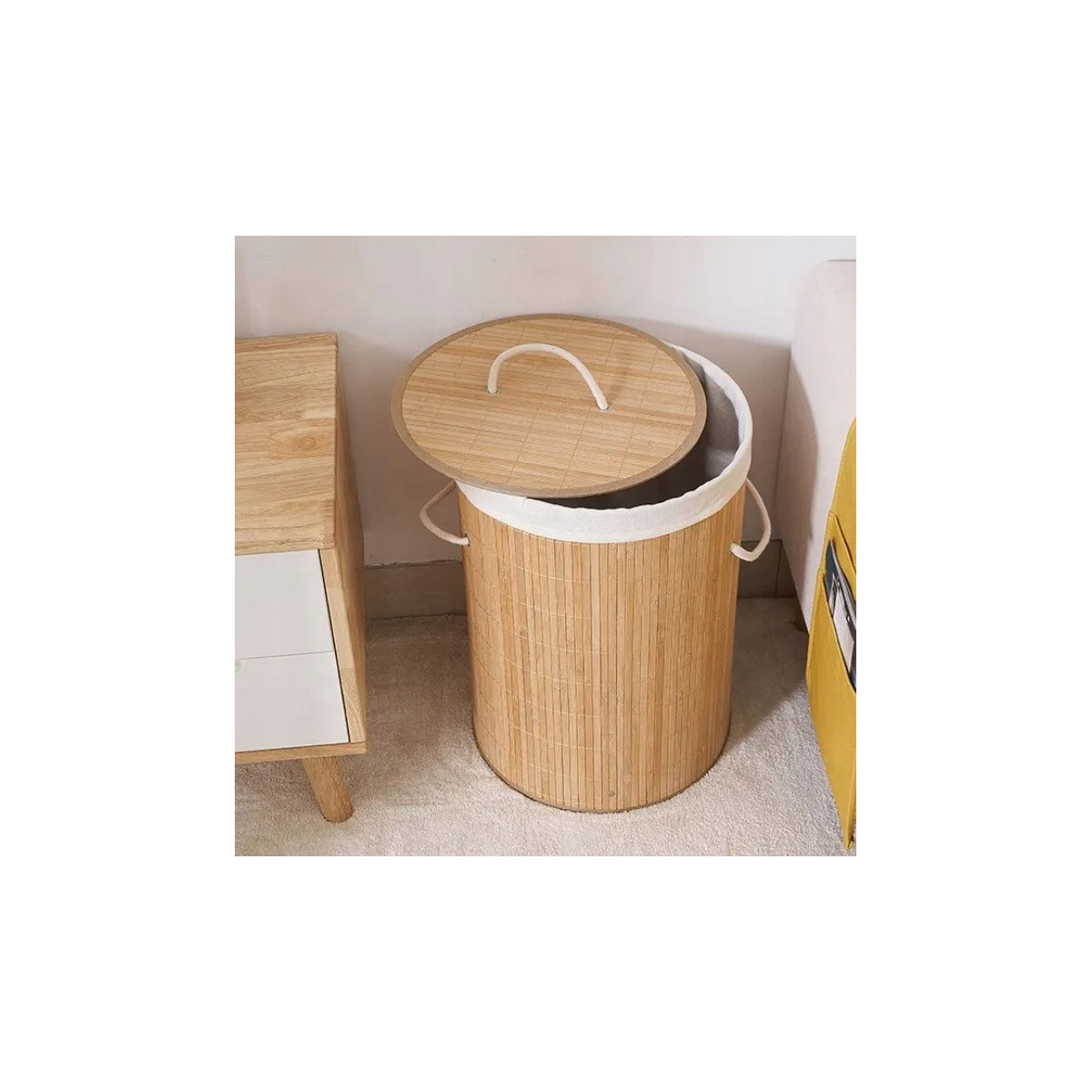 Coș rotund din bambus pentru rufe cu capac, 60l