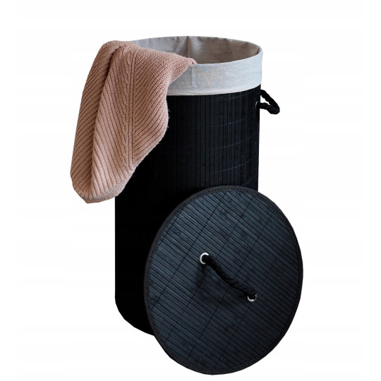 Coș de rufe rotund negru din bambus cu capac, 60l