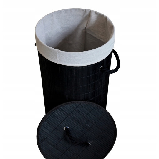 Coș de rufe rotund negru din bambus cu capac, 60l