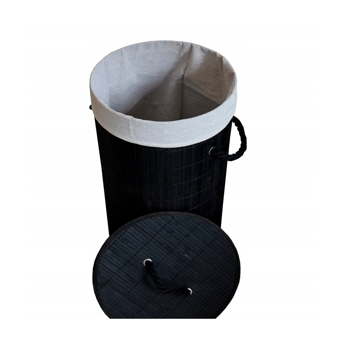 Coș de rufe rotund negru din bambus cu capac, 60l