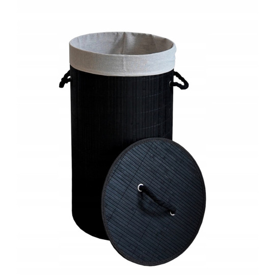 Coș de rufe rotund negru din bambus cu capac, 60l