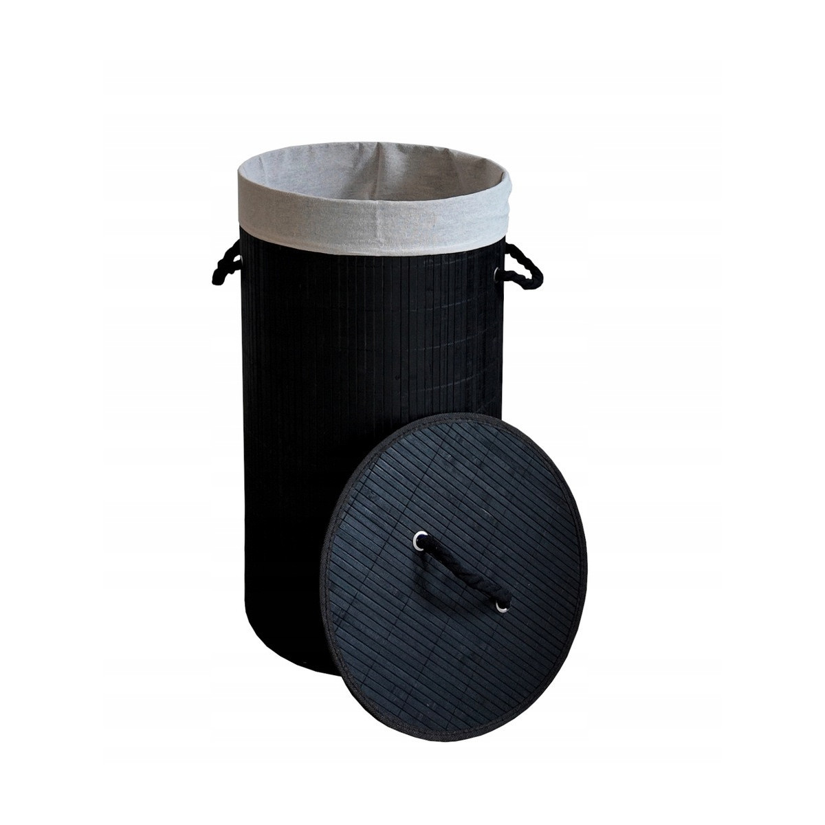 Coș de rufe rotund negru din bambus cu capac, 60l