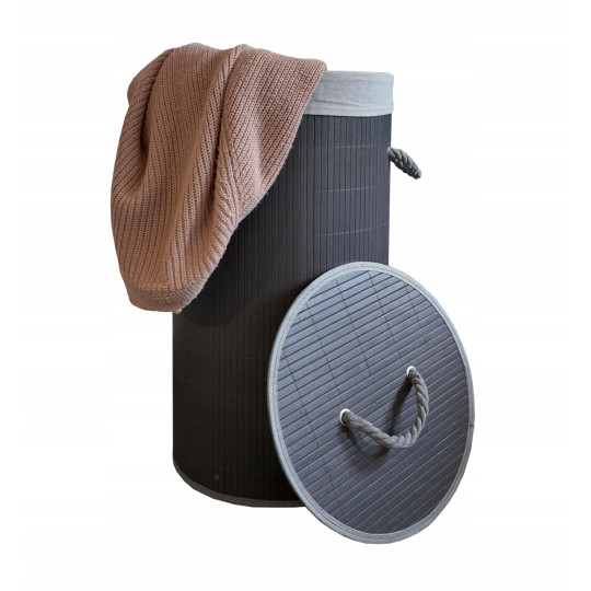 Coș de rufe rotund din bambus, culoare gri, 60l