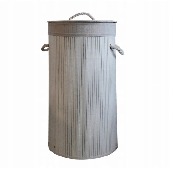 Coș de rufe rotund din bambus alb, cu capac, 60l