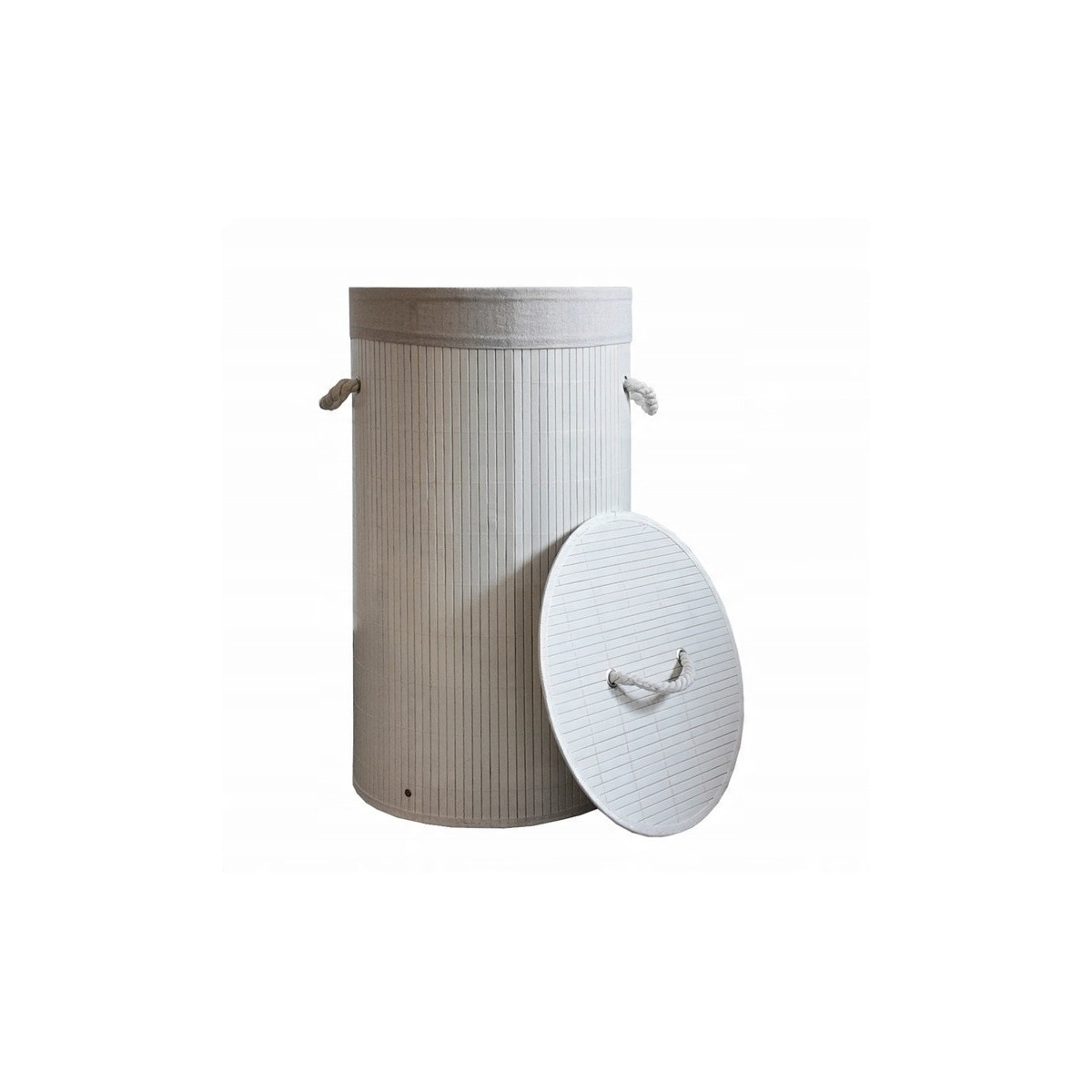 Coș de rufe rotund din bambus alb, cu capac, 60l