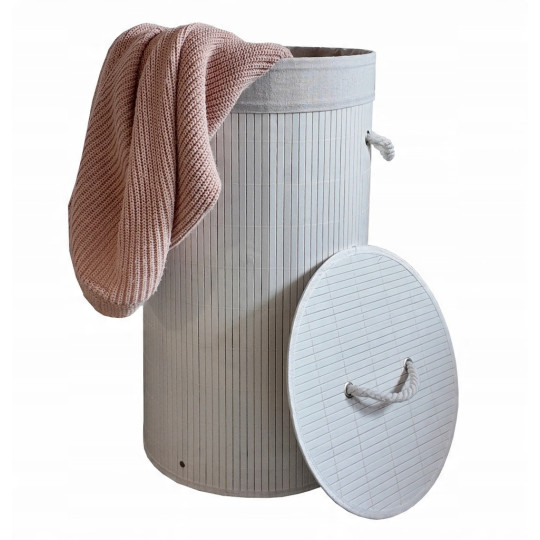 Coș de rufe rotund din bambus alb, cu capac, 60l