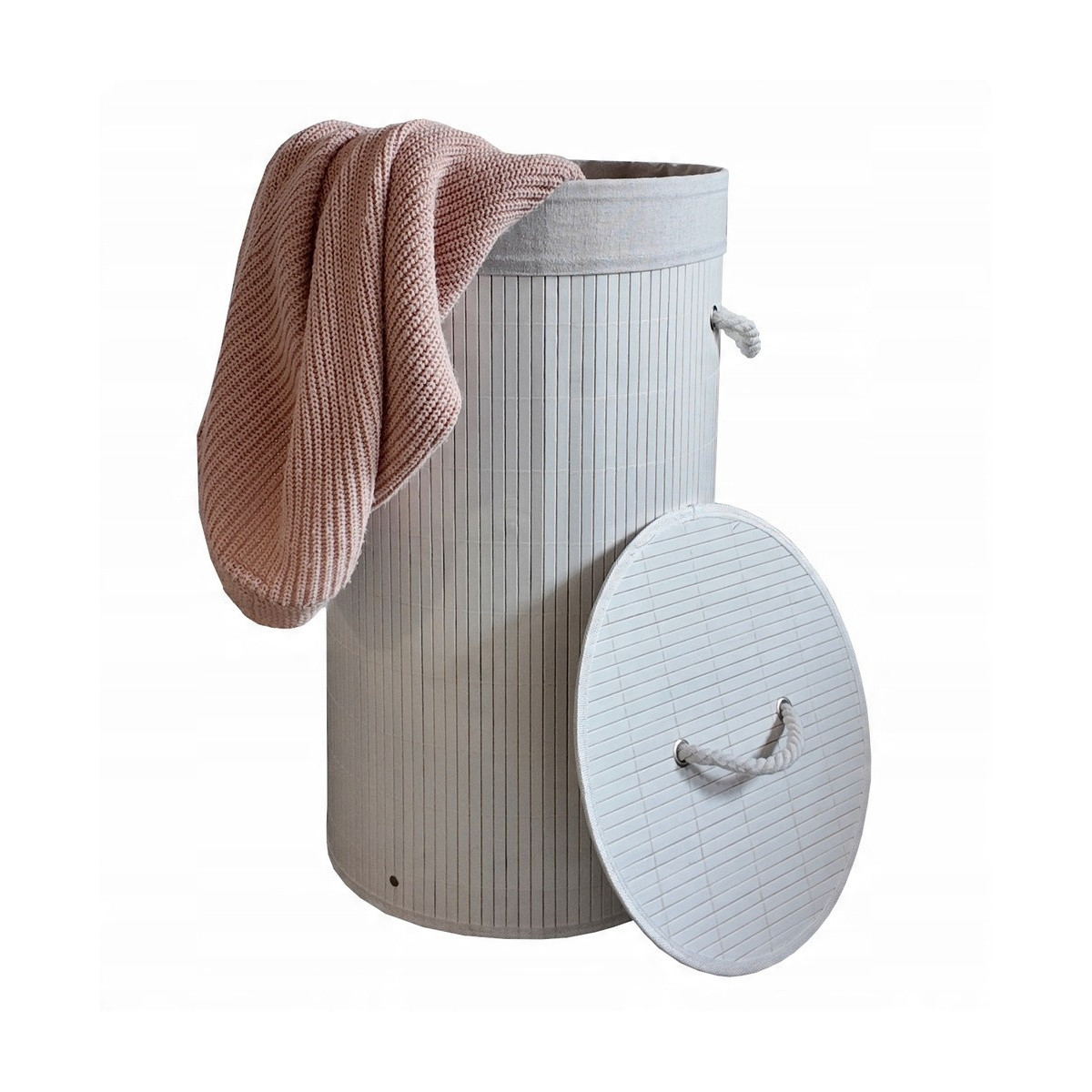 Coș de rufe rotund din bambus alb, cu capac, 60l