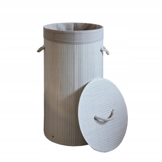 Coș de rufe rotund din bambus alb, cu capac, 60l