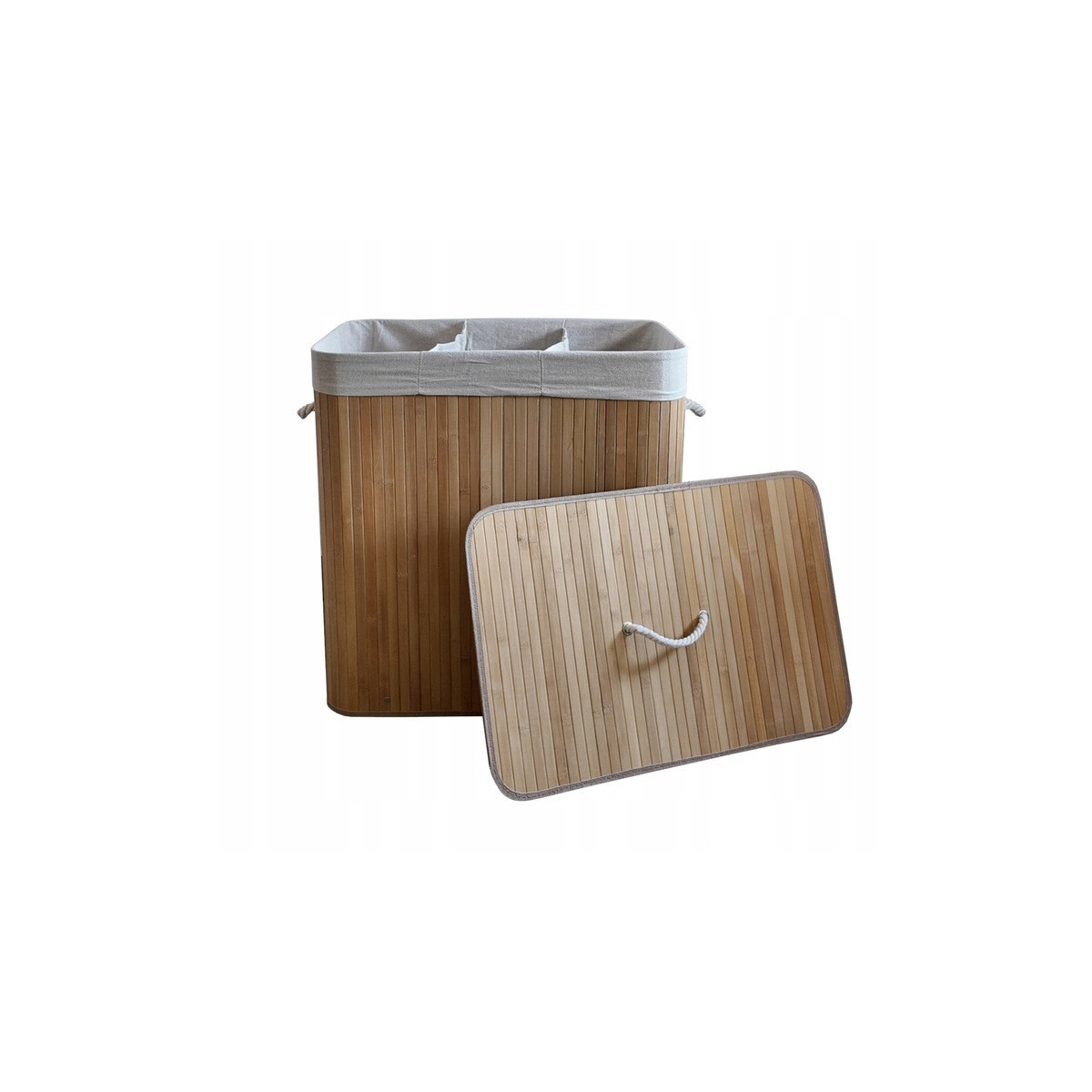 Coș de rufe mare de 150l din bambus cu trei compartimente și capac