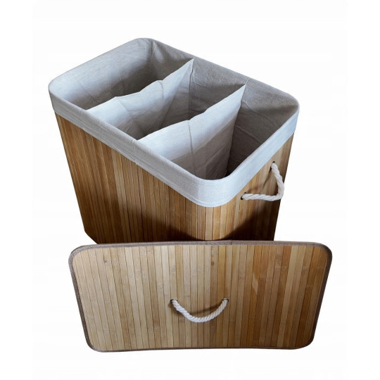 Coș de rufe mare de 150l din bambus cu trei compartimente și capac