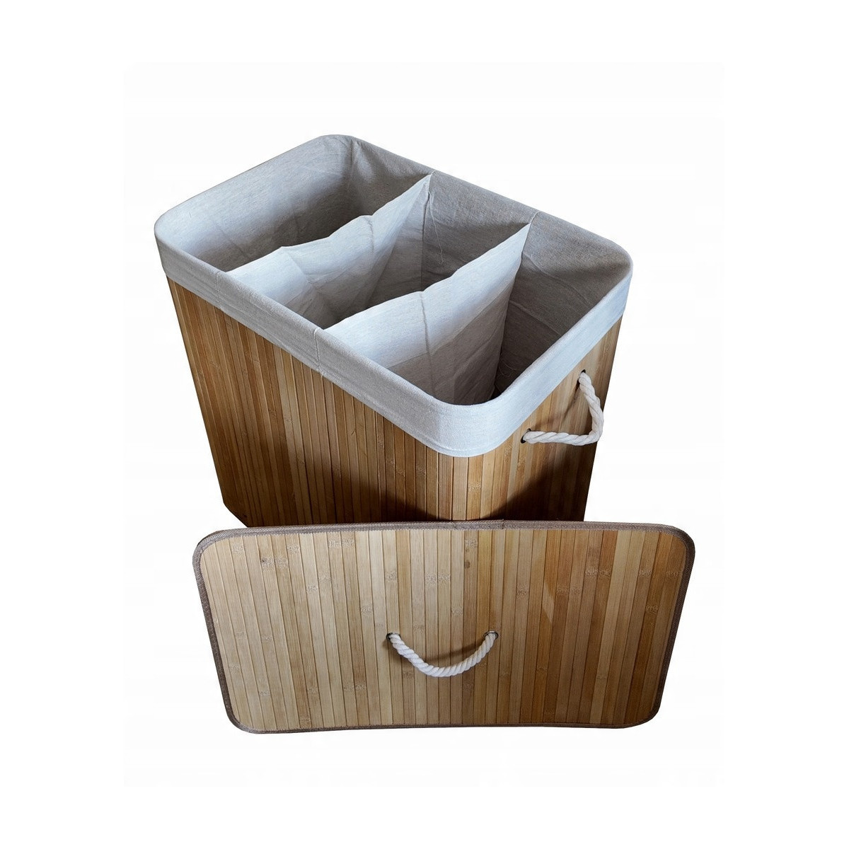 Coș de rufe mare de 150l din bambus cu trei compartimente și capac