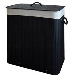 Coș de rufe mare, negru, din bambus, de 150l, cu trei compartimente și capac.