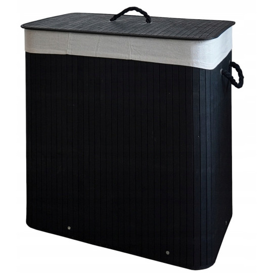 Coș de rufe mare, negru, din bambus, de 150l, cu trei compartimente și capac.