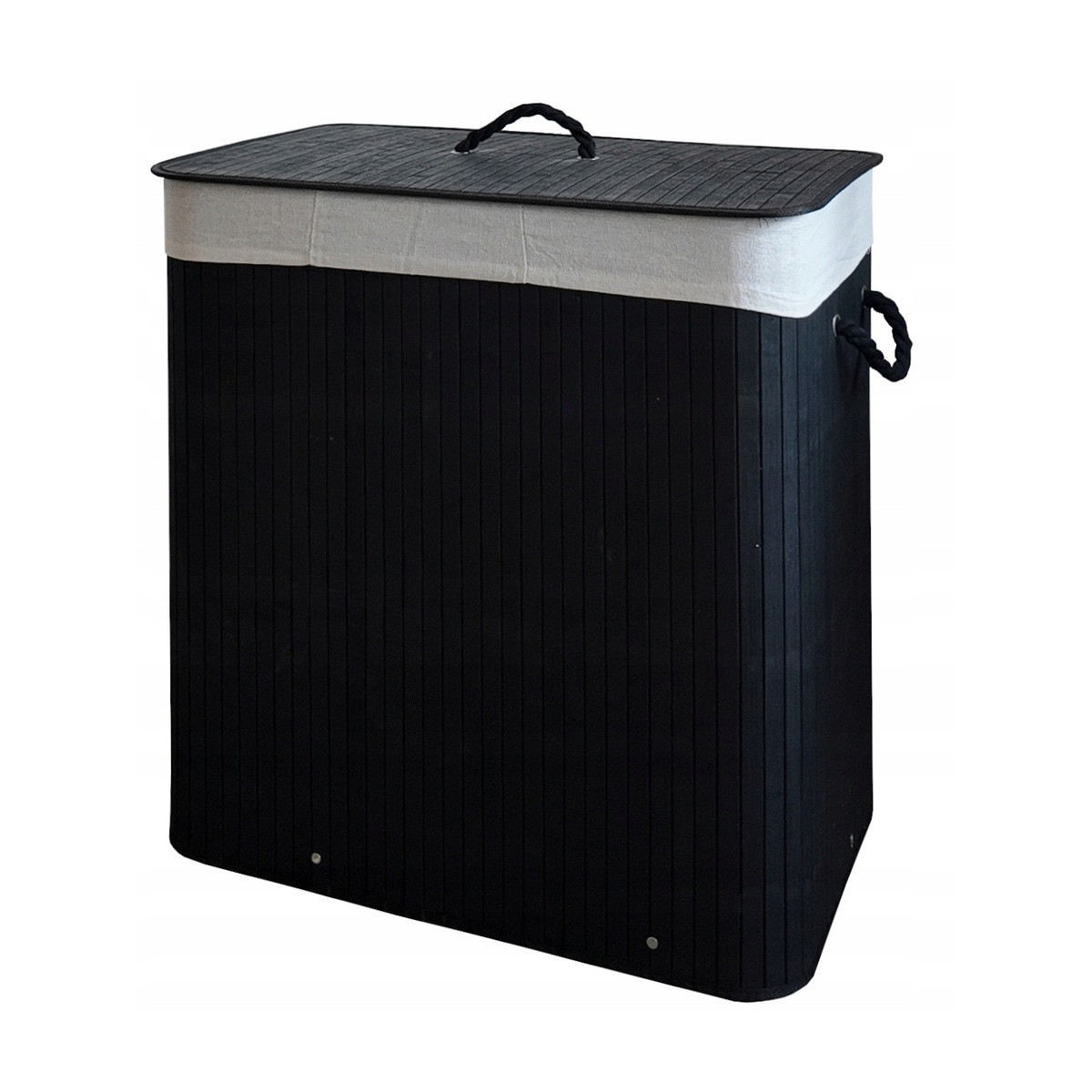 Coș de rufe mare, negru, din bambus, de 150l, cu trei compartimente și capac.