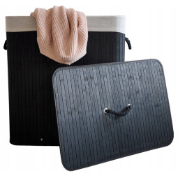 Coș de rufe mare, negru, din bambus, de 150l, cu trei compartimente și capac.