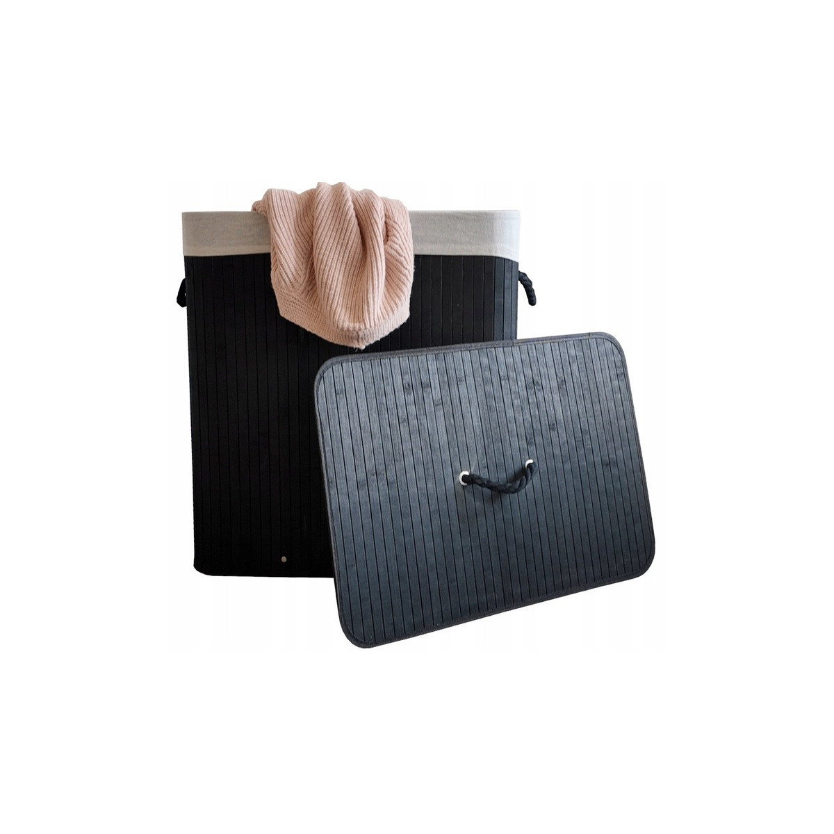 Coș de rufe mare, negru, din bambus, de 150l, cu trei compartimente și capac.