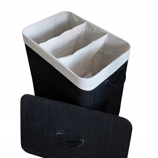 Coș de rufe mare, negru, din bambus, de 150l, cu trei compartimente și capac.